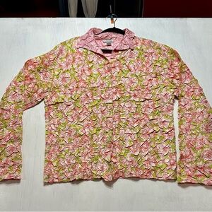 ZBD Design Crinkle Blouse Women M Pink Green Floral Button Down Long Sleeve